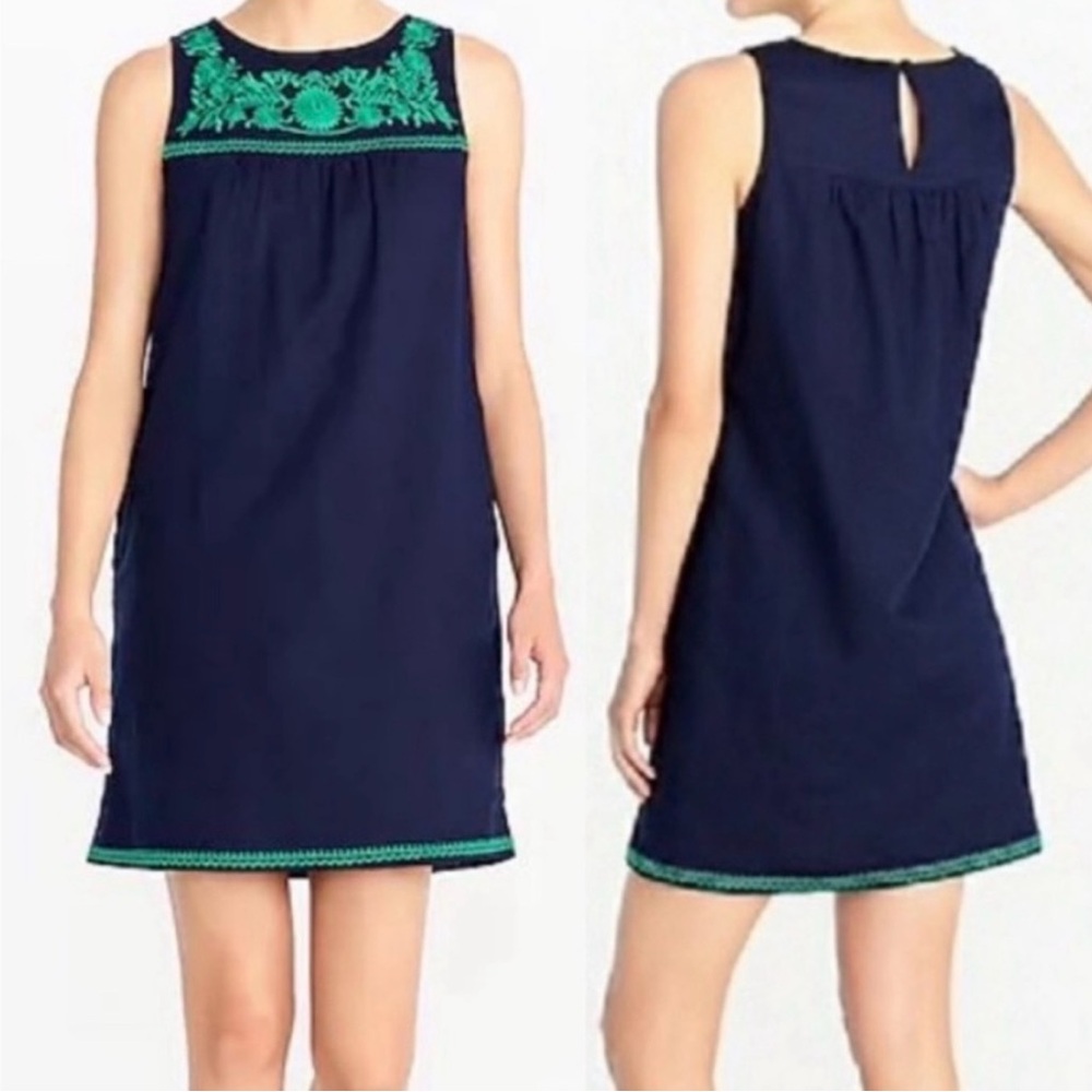 J. Crew Dark Navy Textured Floral Embroidered Linen Blend Shift Dress-Size Small